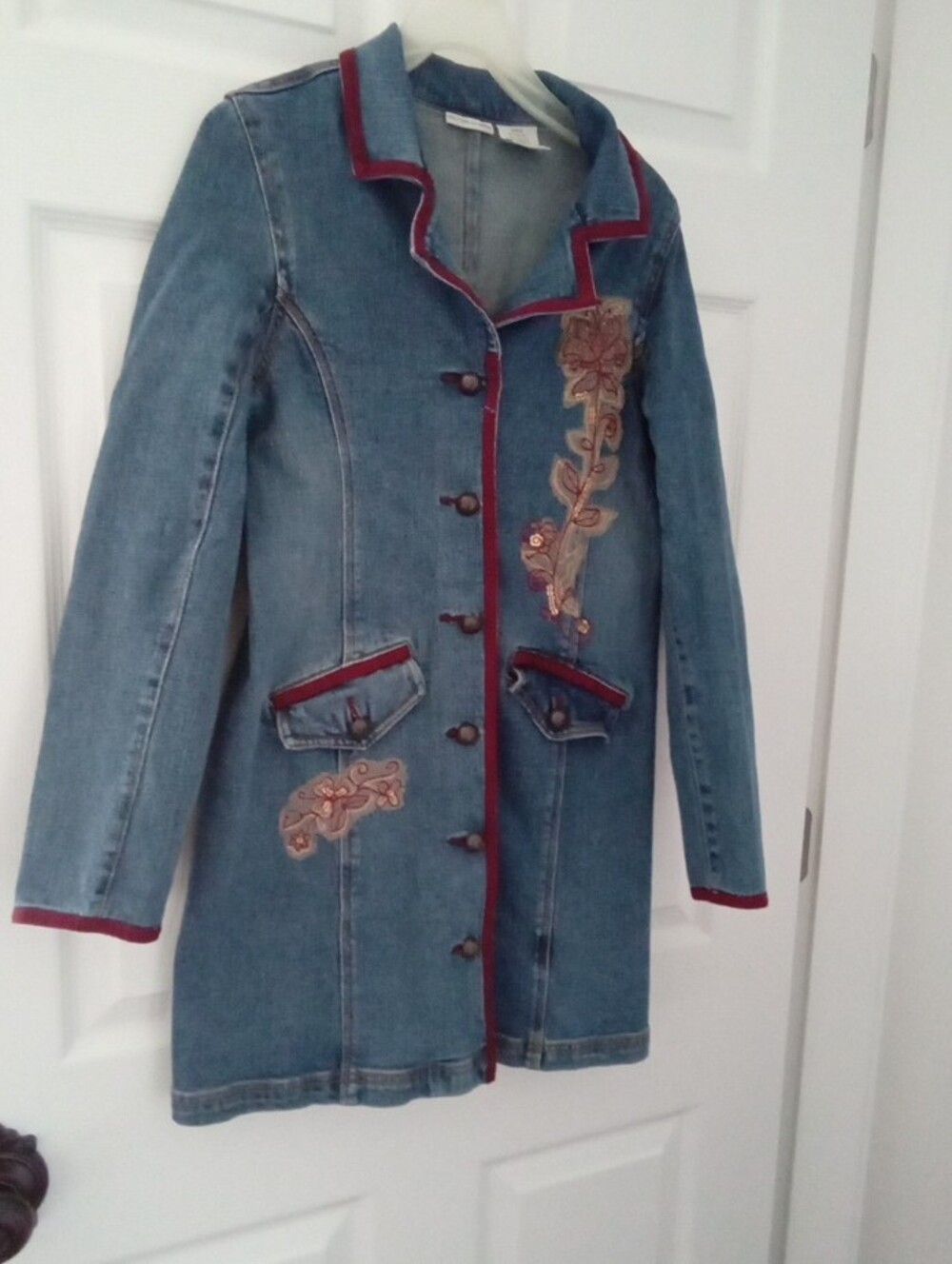 Vintage Embroidered Blue Denim Long Jacket with Red Trim Youth 14/16